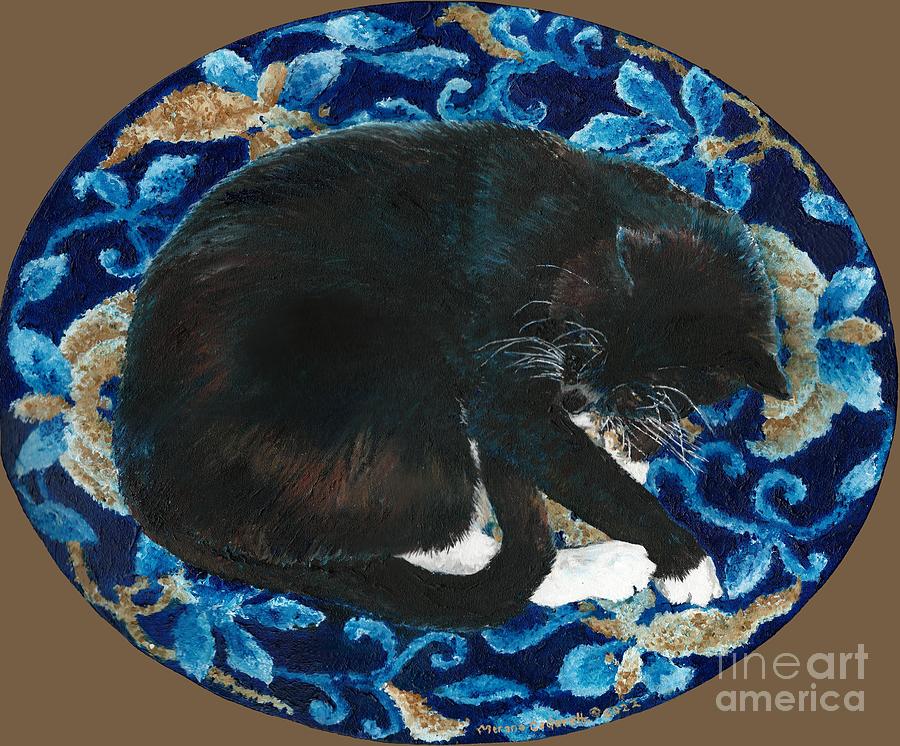 Tuxedo Cat Butterfly Dreaming, coffee background Painting by Merana Cadorette
