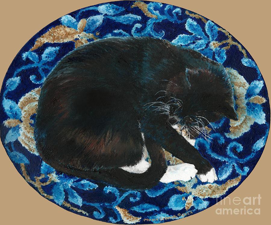 Tuxedo Cat Butterfly Dreaming, neutral background Painting by Merana Cadorette