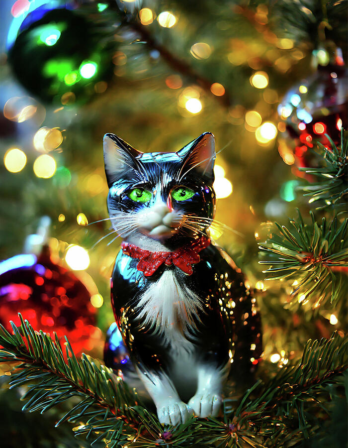 Tuxedo Cat Glass Christmas Ornament 1 Digital Art by David Smith