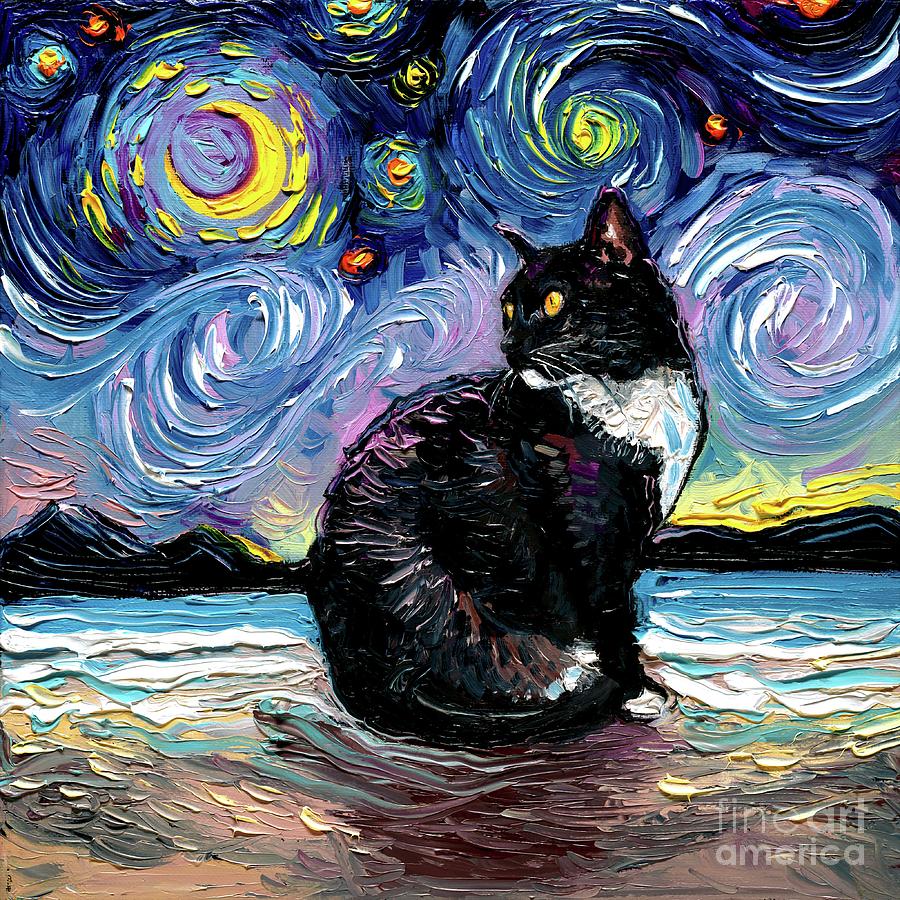 Tuxedo Cat Night 2 Painting by Aja Trier