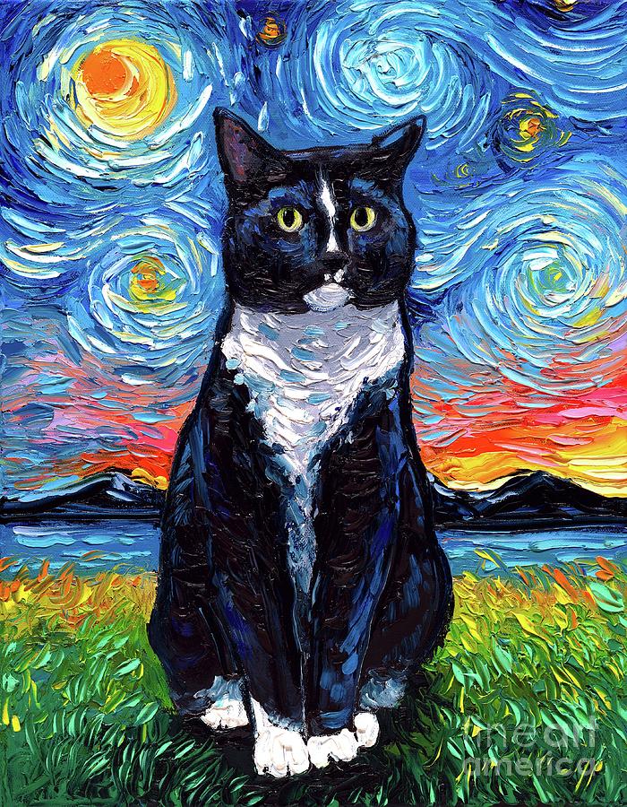 Tuxedo Cat Night Painting by Aja Trier