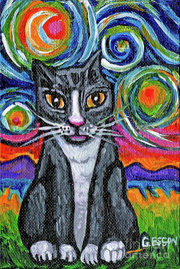 Tuxedo Cat On A Starry Night Painting by Genevieve Esson - Fine Art America