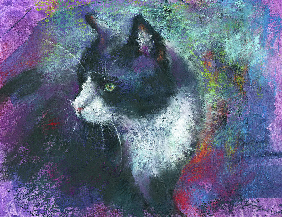 Tuxedo cat portrait painting Painting by Karen Kaspar