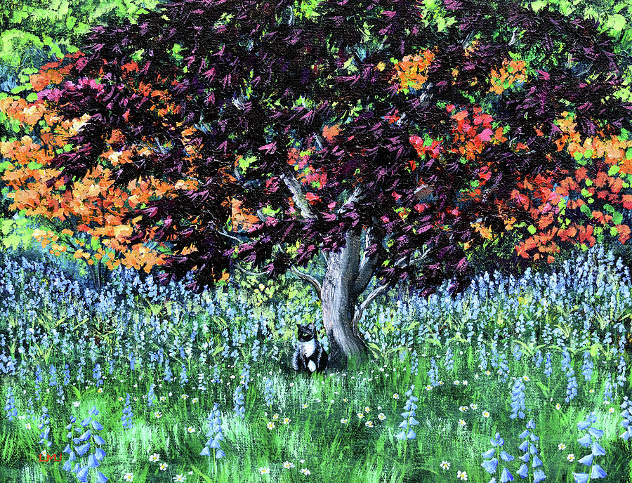 Spring Painting - Tuxedo Cat under a Japanese Maple Tree by Laura Iverson