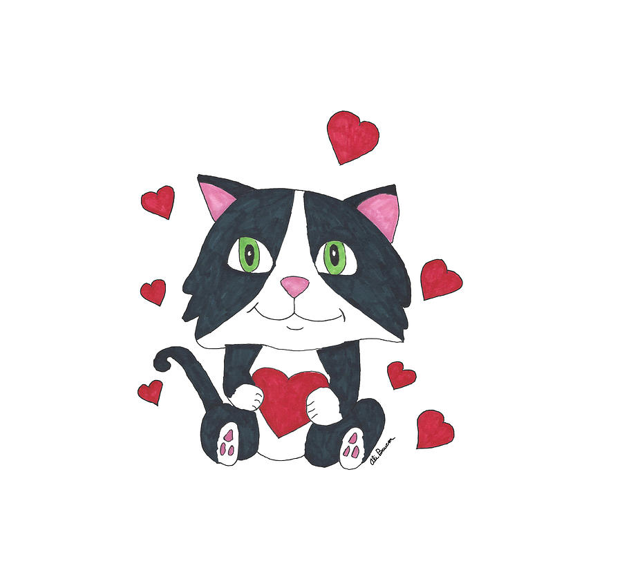 Tuxedo Cat with Hearts Hand Drawn Design Drawing by Ali Baucom