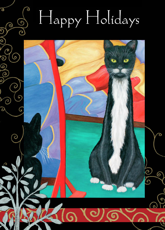 Tuxedo Skinny Cat Holiday Card Painting by Karen Zuk Rosenblatt