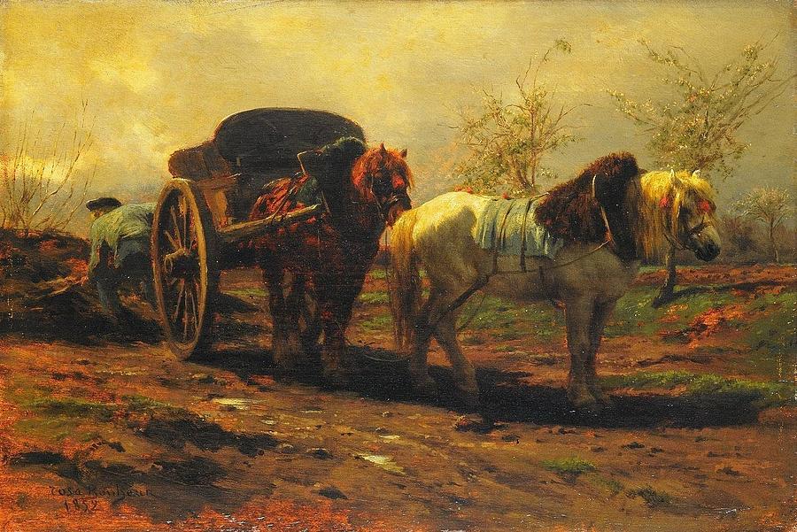 Twee paarden voor een kar A car with two horses Painting by Rosa ...