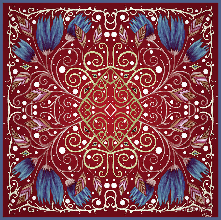 Twelve Blue Flowers with Leaves and Swirls on a Burgundy Red  Background Tapestry - Textile by Lise Winne
