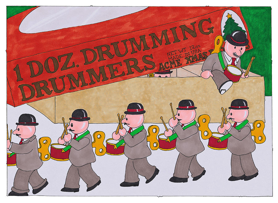 Twelve Drummers Drumming Drawing by Hawley Wright