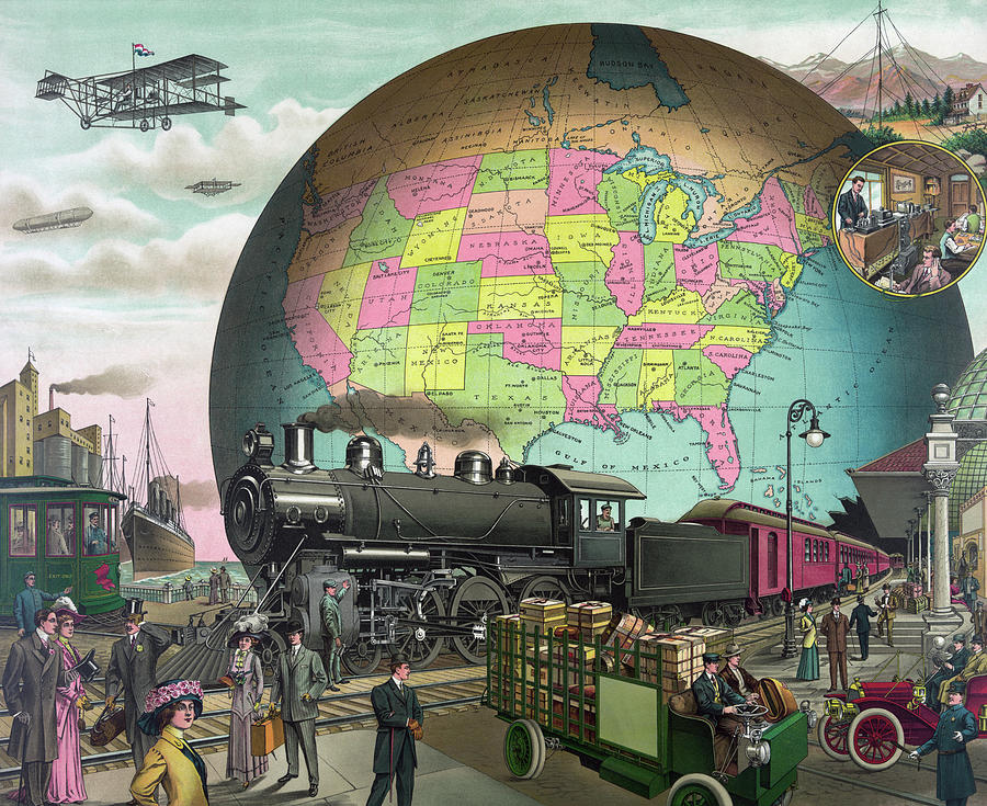 Twentieth Century Transportation - Trains - Cars - Planes - ES Yates Circa 1910 Painting by War Is Hell Store
