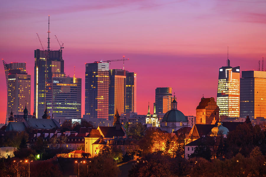Twilight City Skyline Of Warsaw Downtown Photograph by Artur Bogacki