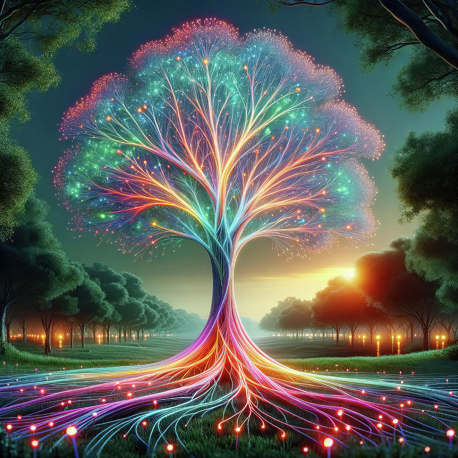 Twilight Fiber Optic Tree - AI Art Digital Art by Chris Anson