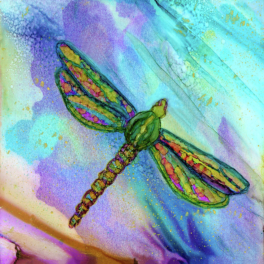 Twilight Flight Dragonfly Alcohol Ink Painting by Deborah League