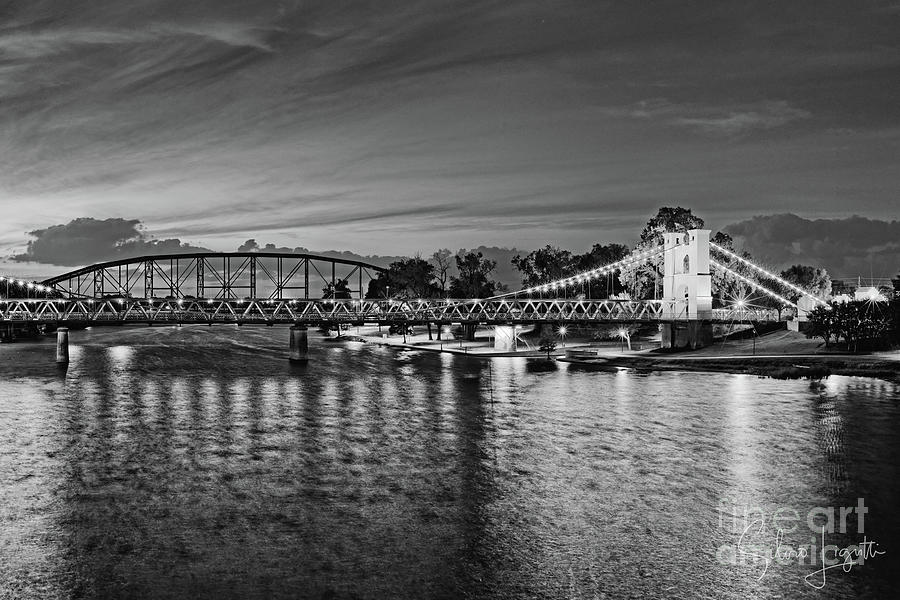 Twilight Monochrome Image of Waco Suspension Bridge - Brazos River  Photograph by Silvio Ligutti