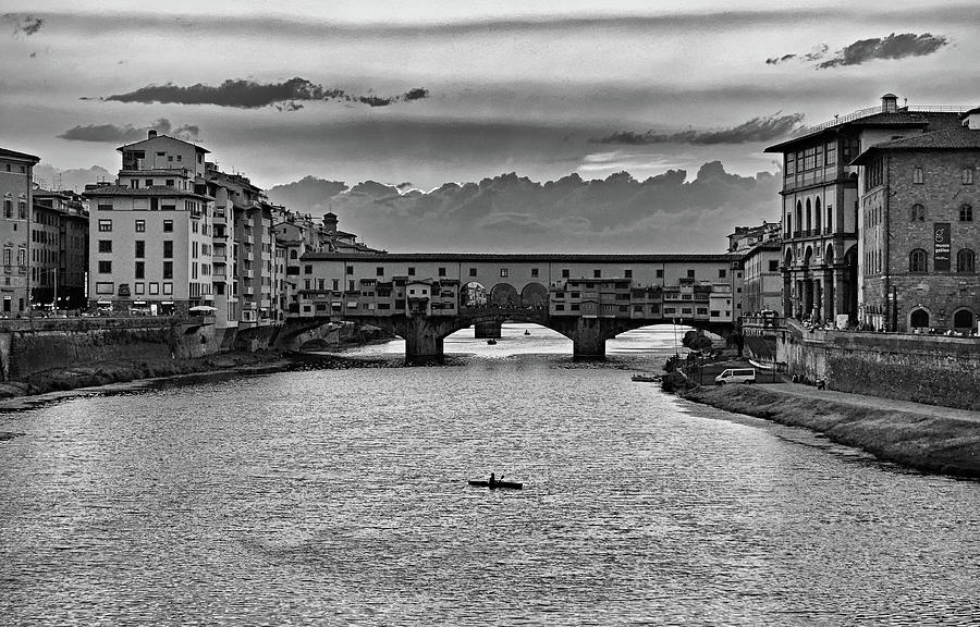 Twilight on the Arno River Florence Italy Black and White Photograph by Shawn OBrien