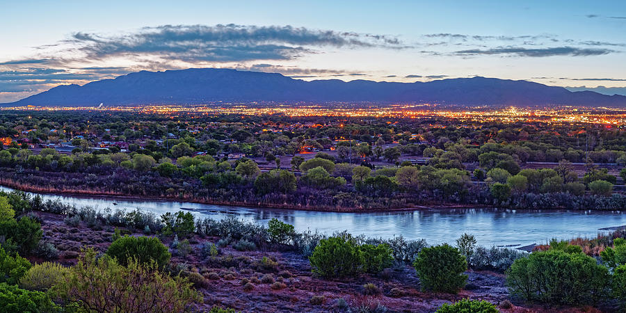 Twilight Panorama of Sandia Mountains, Albuquerque, and Rio Grande - New Mexico Land of Enchantment Photograph by Silvio Ligutti