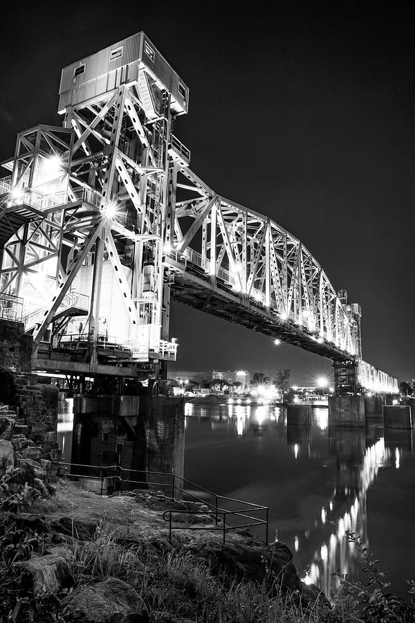Twilight Reverie In Black And White - The Enchanting Junction Bridge And Lively Heart Of Little Rock Photograph