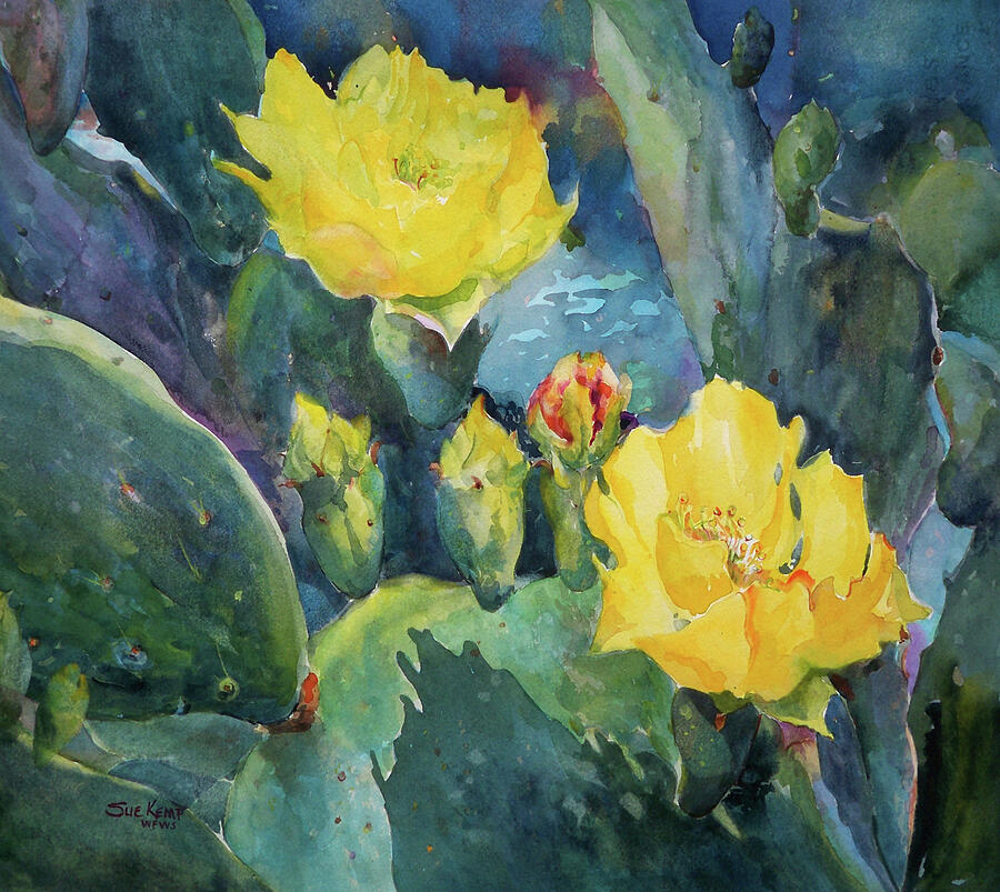 Cactus Blossoms at Twilight Painting by Sue Kemp