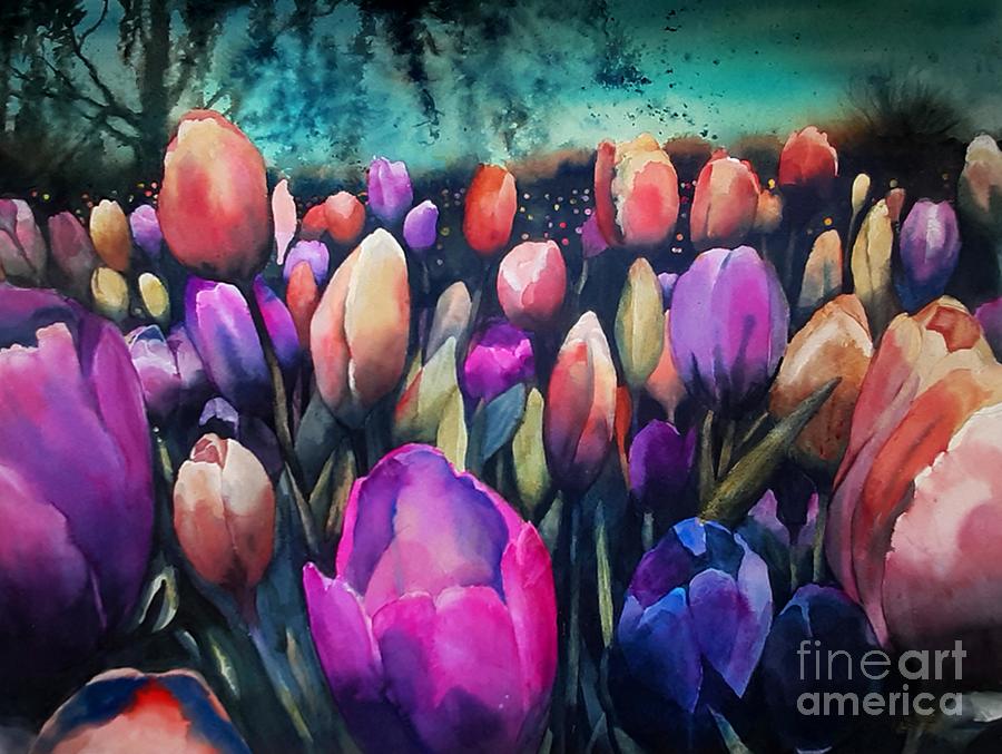 Twilight Tulips Painting by Lucy Lemay