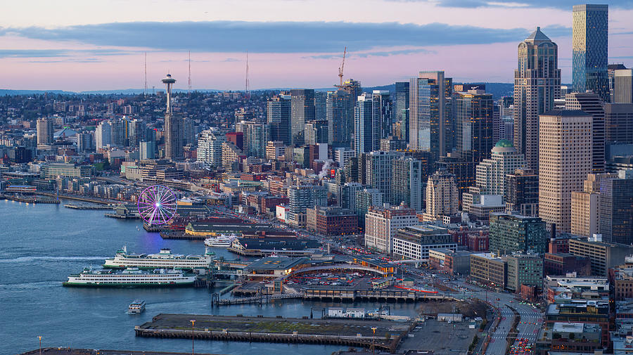 Twilight View Along the Seattle Waterfront Photograph by Mike Reid