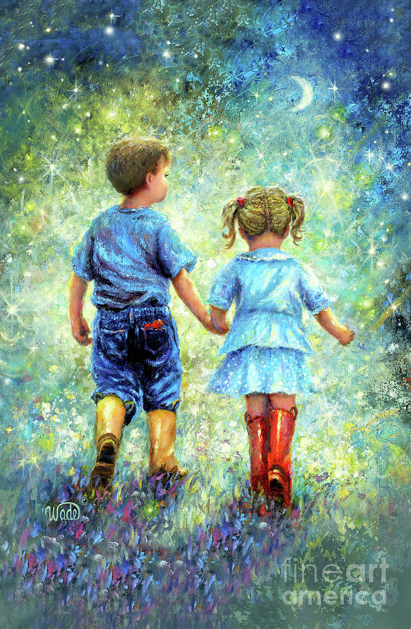 Twilight Walk blondish boy and girl Painting by Vickie Wade