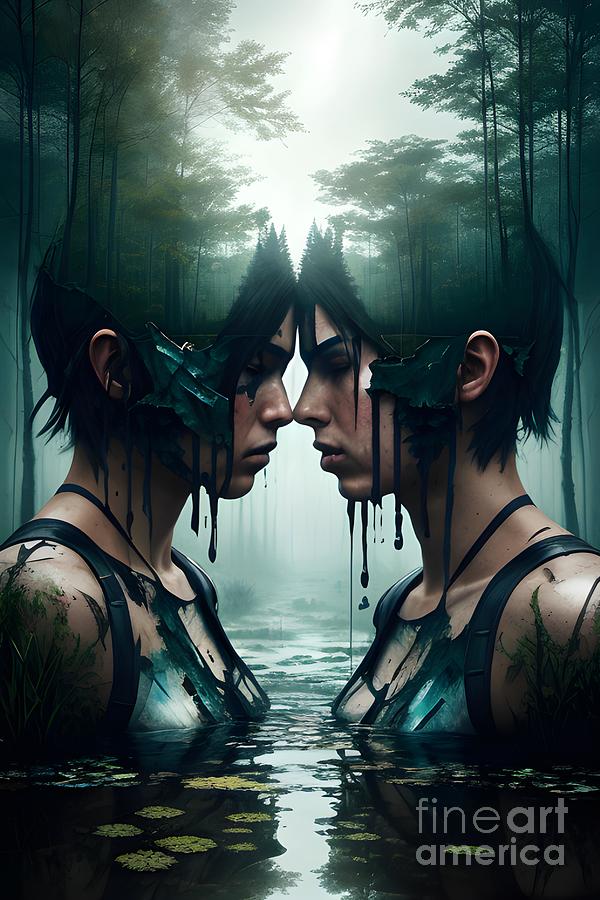 Twilight Whispers - Surreal Twins Amidst The Mysterious Forest Shadows Mixed Media