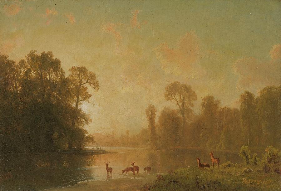 Albert Bierstadt  Painting - Twilight With Deer by Aesthetics Store