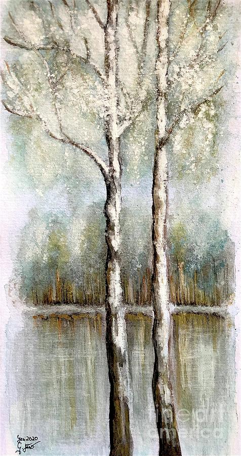 Twin Birches By The Lake Painting
