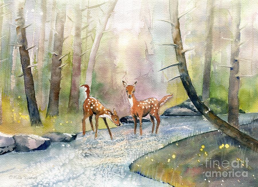 Twin Fawn In The Forest Painting by Melly Terpening