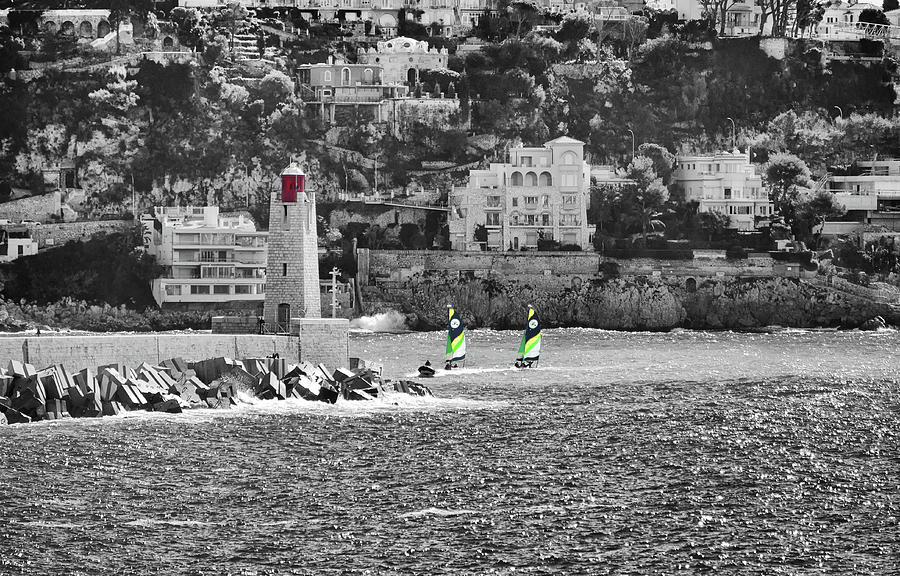 Twin Sailboats and Breakwater Lighthouse Nice Harbor French Riviera France Color Splash Digital Art by Shawn OBrien