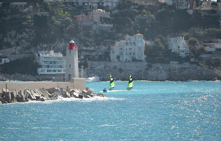 Twin Sailboats and Breakwater Lighthouse Nice Harbor French Riviera France Photograph by Shawn OBrien