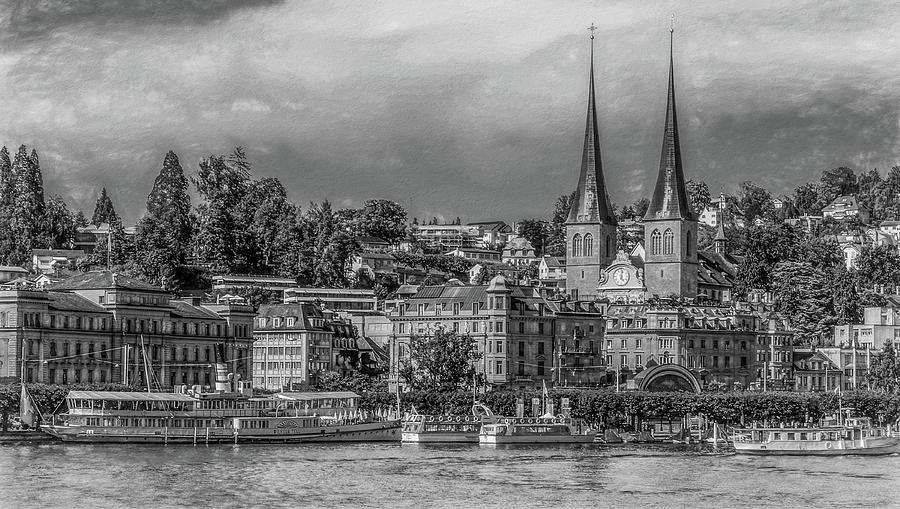 Twin Spires of Lucerne, Black and White Photograph by Marcy Wielfaert