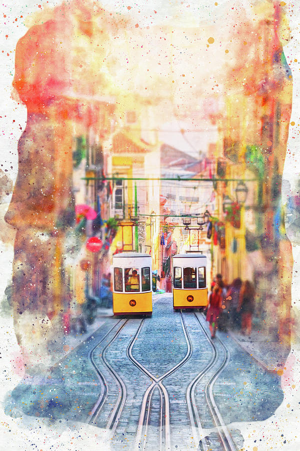Transportation Photograph - Twin Trams Elevador da Bica Lisbon Watercolor by Carol Japp