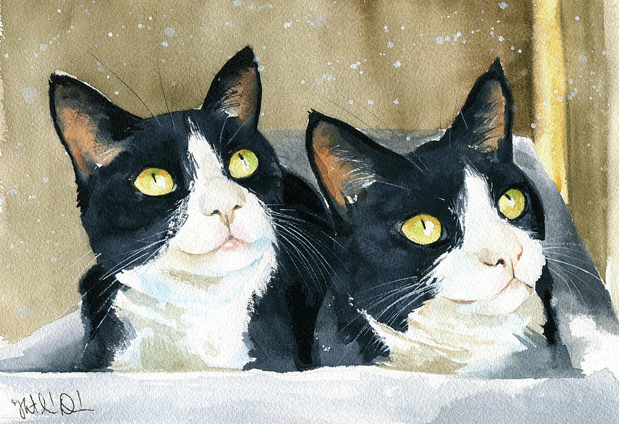 Cat Painting - Twins Tuxedo Cat Painting by Dora Hathazi Mendes