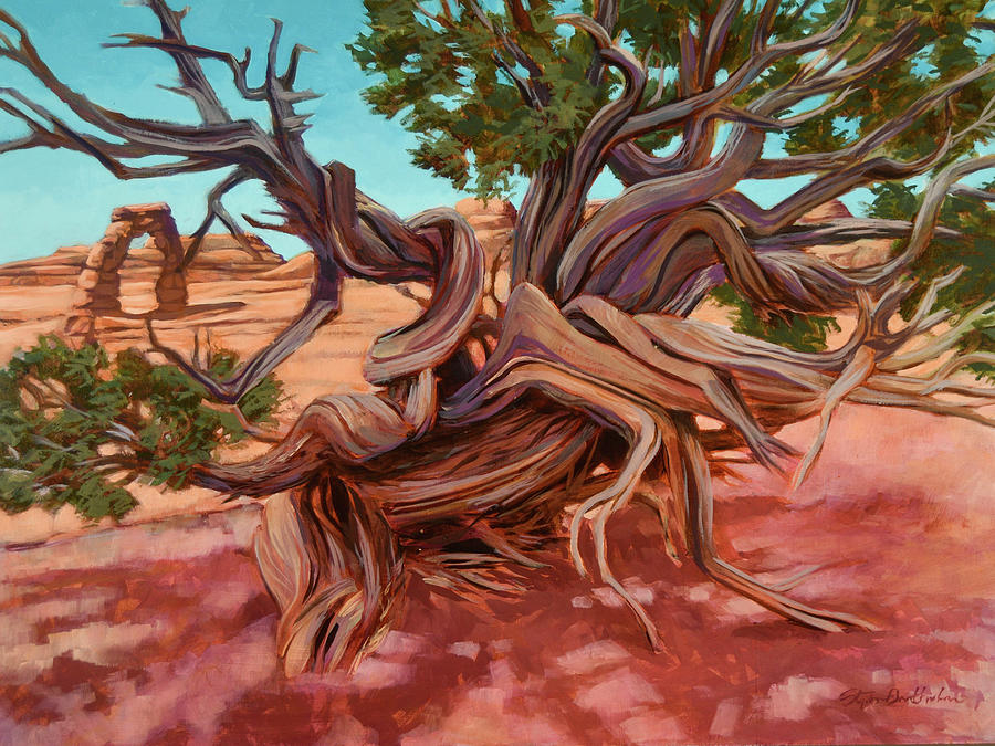 Twisted juniper near Delicate Arch Painting by Stephen Bartholomew