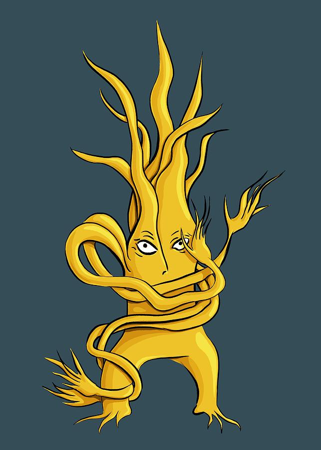 Twisted Nature Creepy Yellow Tree with Tangled Branches and Eyes Digital Art by Boriana Giormova