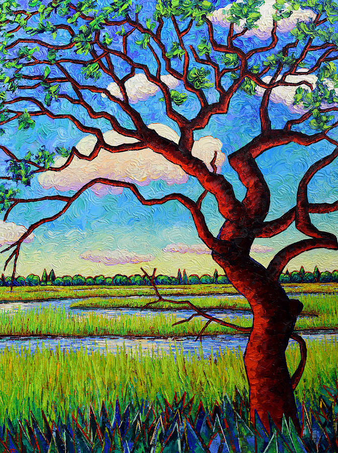 Tree Painting - TWISTED OAK TREE IN MARSHLAND 2 dyptich xxl paintings 60 x 40 inch commission Ana Maria Edulescu by Ana Maria Edulescu
