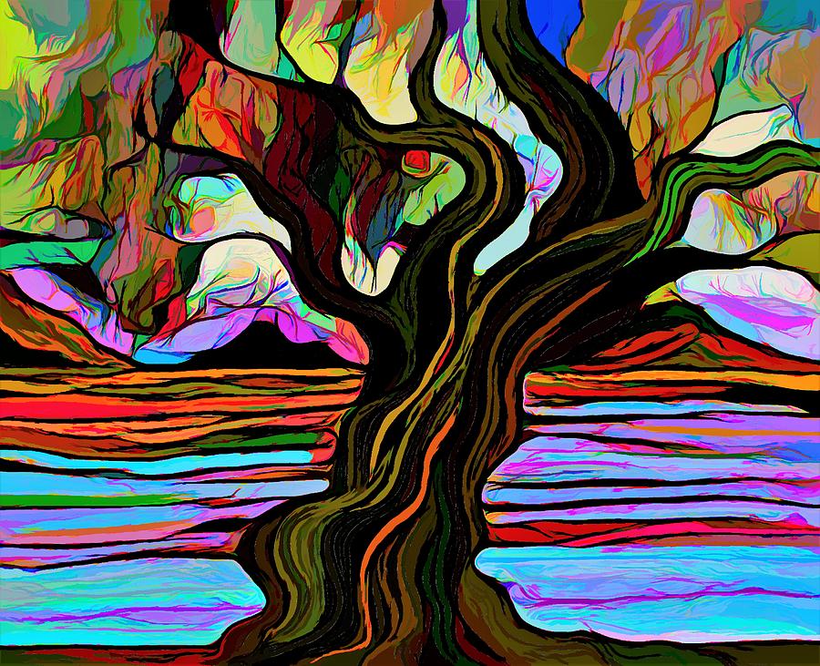 Twisted Tree Linear Abstraction Mixed Media by Joan Stratton