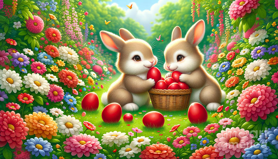 Two adorable bunnies sharing red Easter eggs Digital Art by Odon Czintos