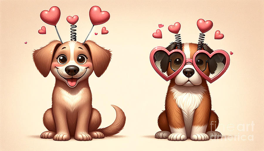 Two adorable cartoon dogs with heart-shaped glasses and spring hearts above their heads Digital Art by Odon Czintos