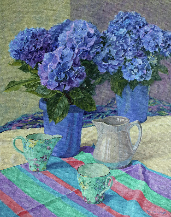 Still Life Painting - Two Are Better Than One- Blue Hydrangeas in Blue Pots with Teacups and Striped Cloth by Bonnie Mason