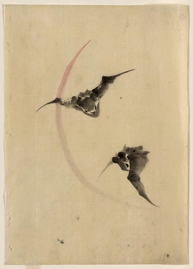 Hokusai Painting - Two Bats and a Crescent Moon by Hokusai by Art Anthology-Japanese