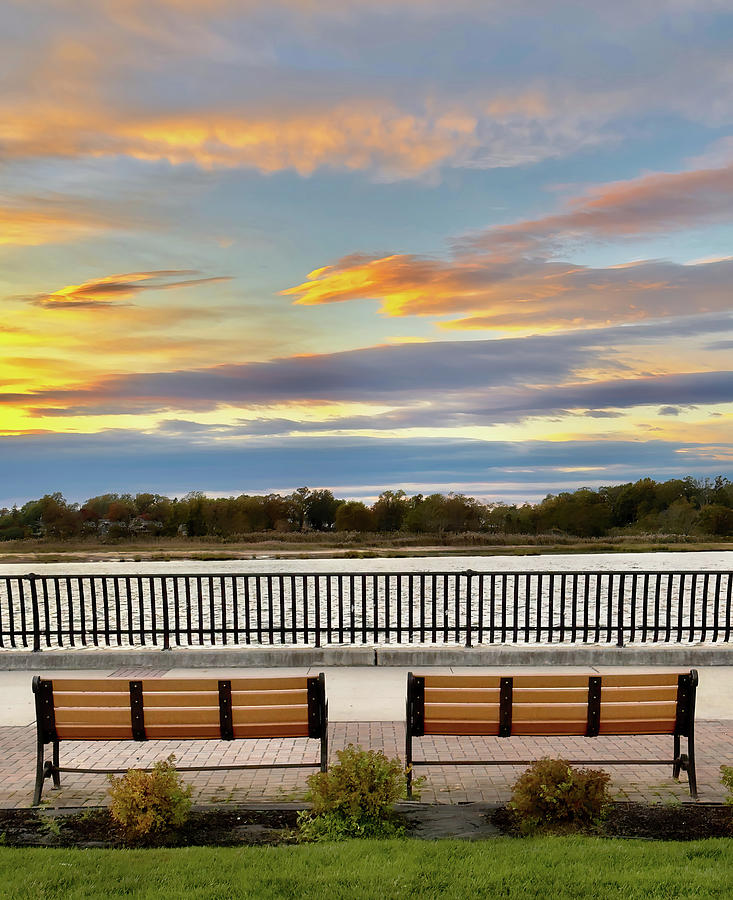 Two Benches By The Bay At Twilight Photograph by Gary Slawsky