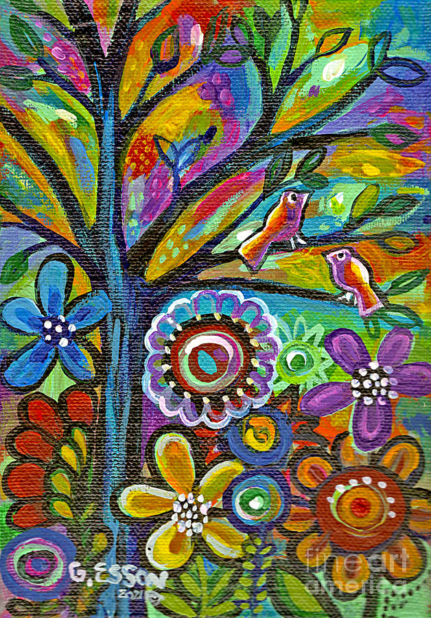 Two Birds In A Tree With Flowers Painting by Genevieve Esson