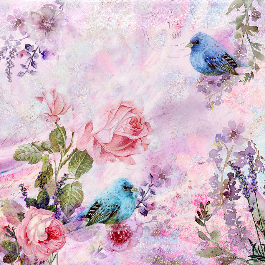 Two Blue Birds in a Rose Flower Garden Fantasy Digital Art by So ...