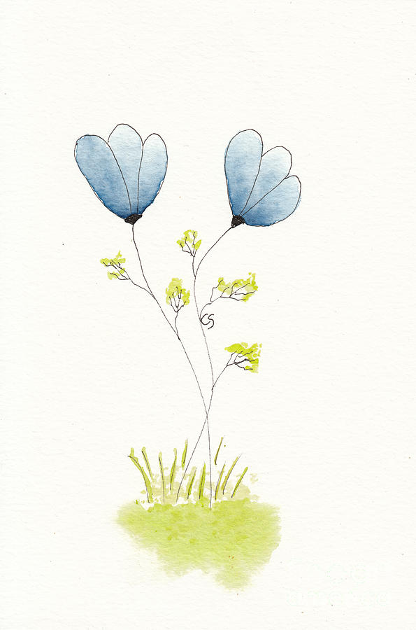 Two Blue Flowers in Pen Ink and Watercolor Mixed Media by Conni Schaftenaar