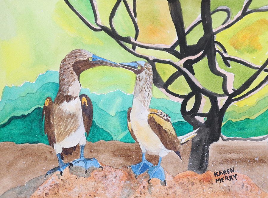 Two Blue-Footed Boobies Painting by Karen Merry