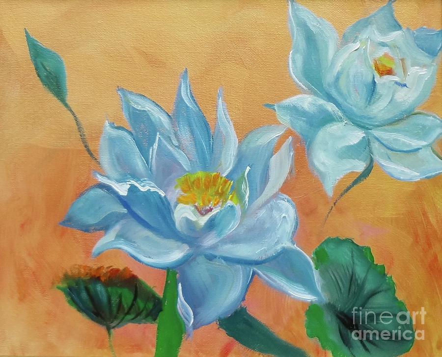 Two Blue Lotus on Gold Painting by Jenny Lee