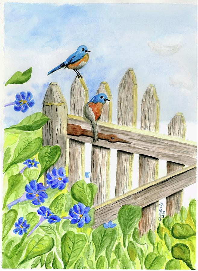Two Bluebirds On A Fence Painting