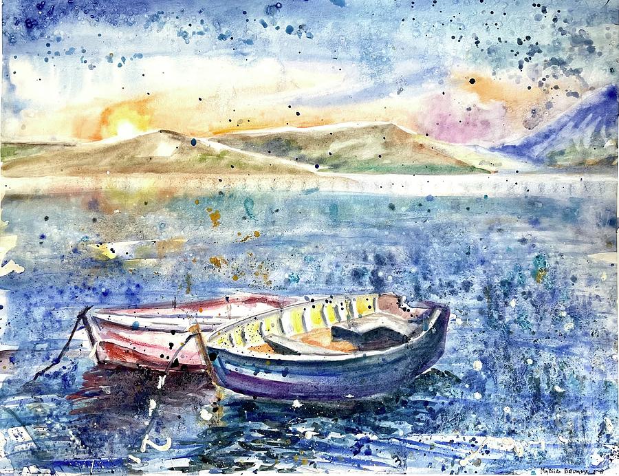 Boat Painting - Two boats on the lake by Mariia Browne
